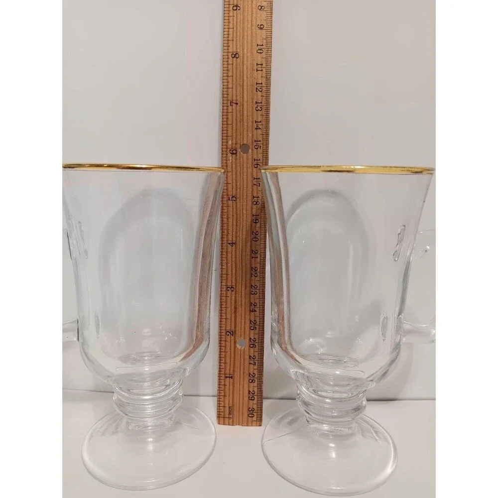 Irish Coffee Mug Clear Glass Handle  Footed Gold Trim PORTUGAL Lot Of 2
